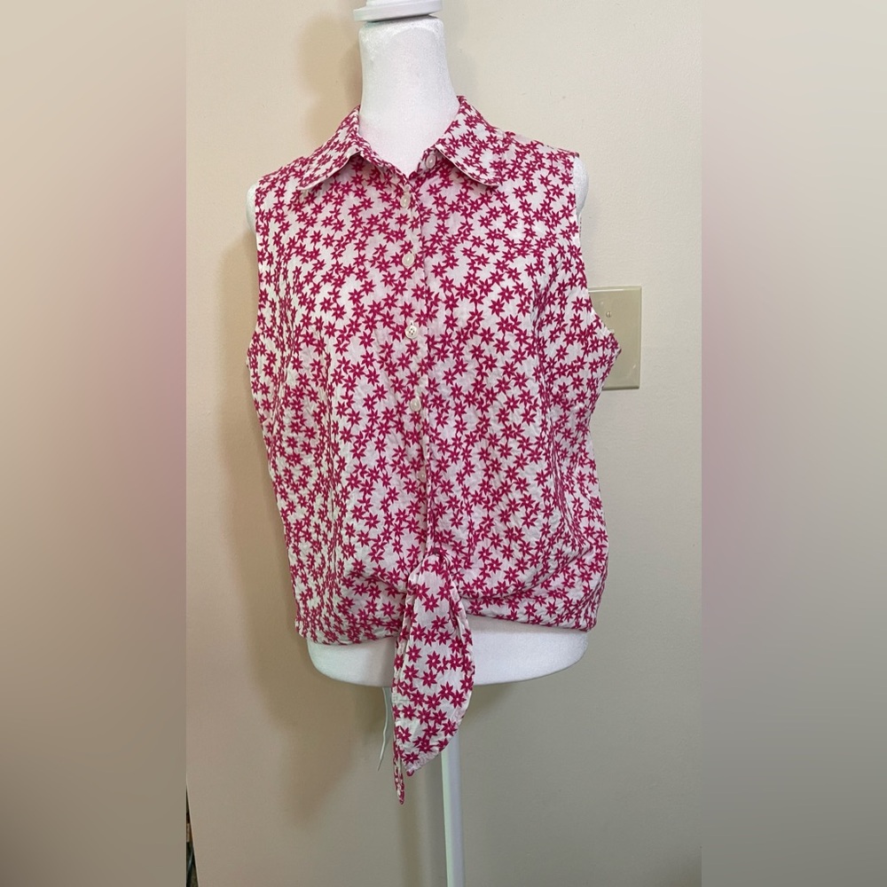 Talbots Women’s Pink Starts Embroidery Sleeveless Button & Tie Front Top Sz 14 - Picture 14 of 17